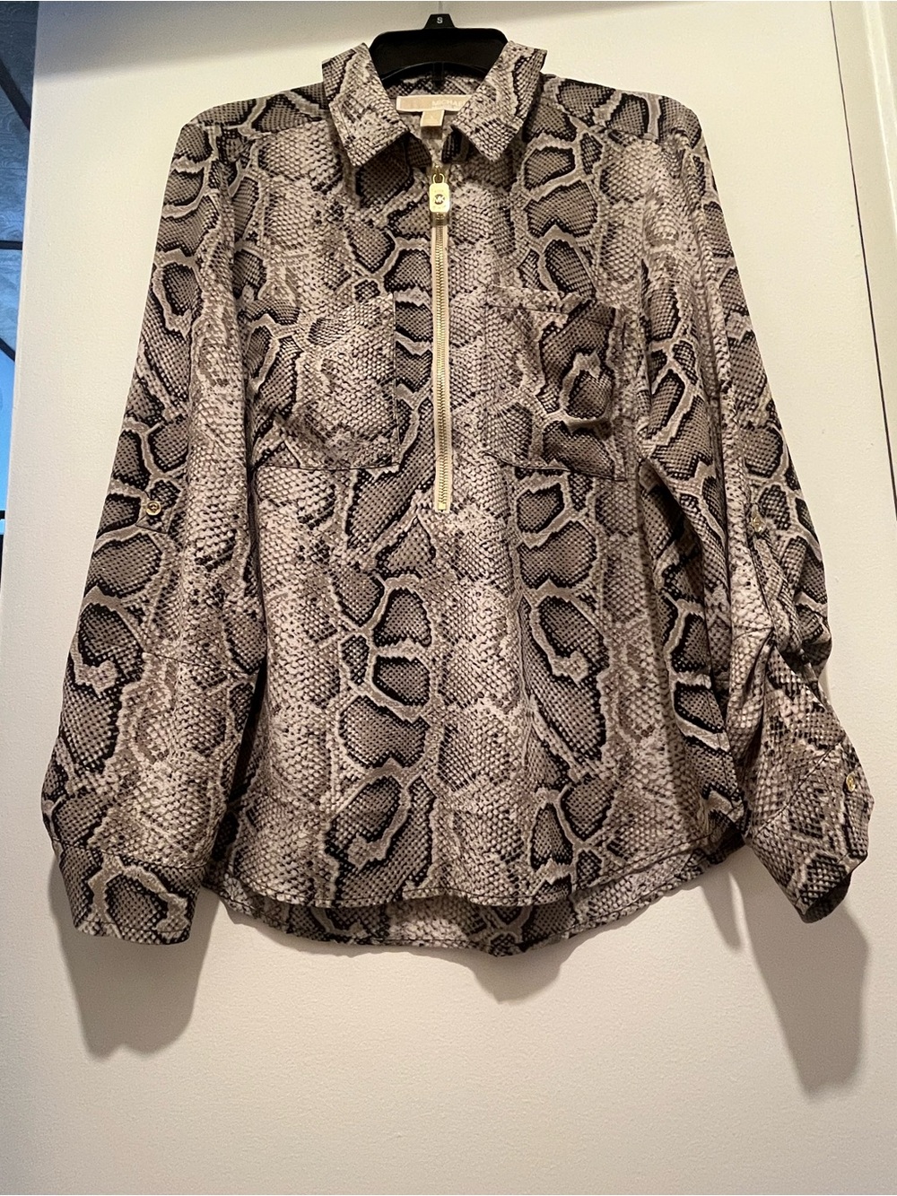 Michael Kors Neutral Snake-Print Half-Zip Blouse - Picture 2 of 6